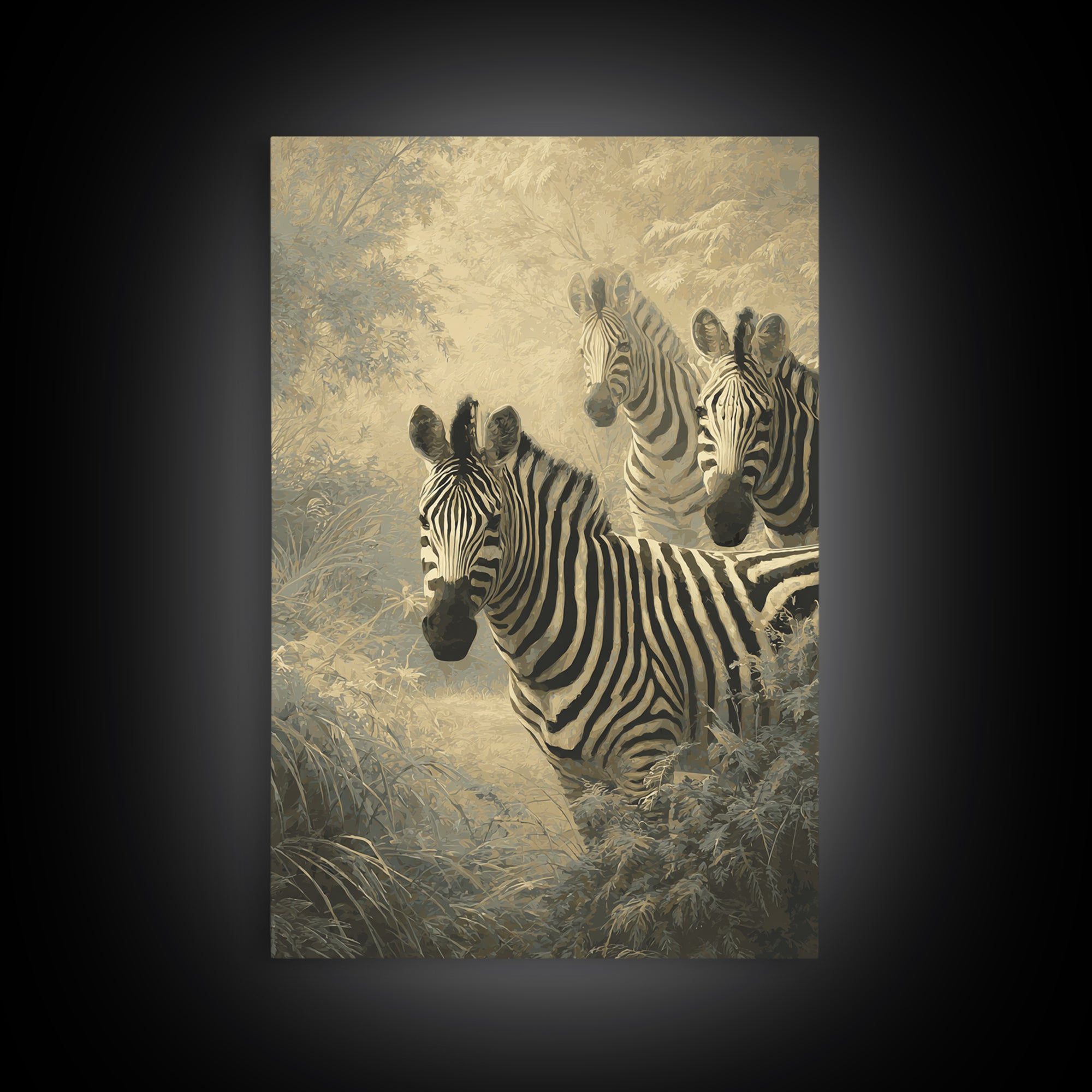 Zebra Herd in Graphic Black and White Framed Canvas Print, Wildlife Art, Contemporary Art, Living Room Decor, Fine Art, Wild, WIL-2x3-43