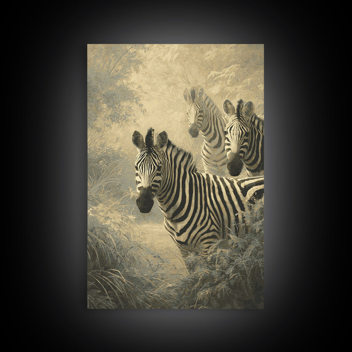 Zebra Herd in Graphic Black and White Framed Canvas Print, Wildlife Art, Contemporary Art, Living Room Decor, Fine Art, Wild, WIL-2x3-43