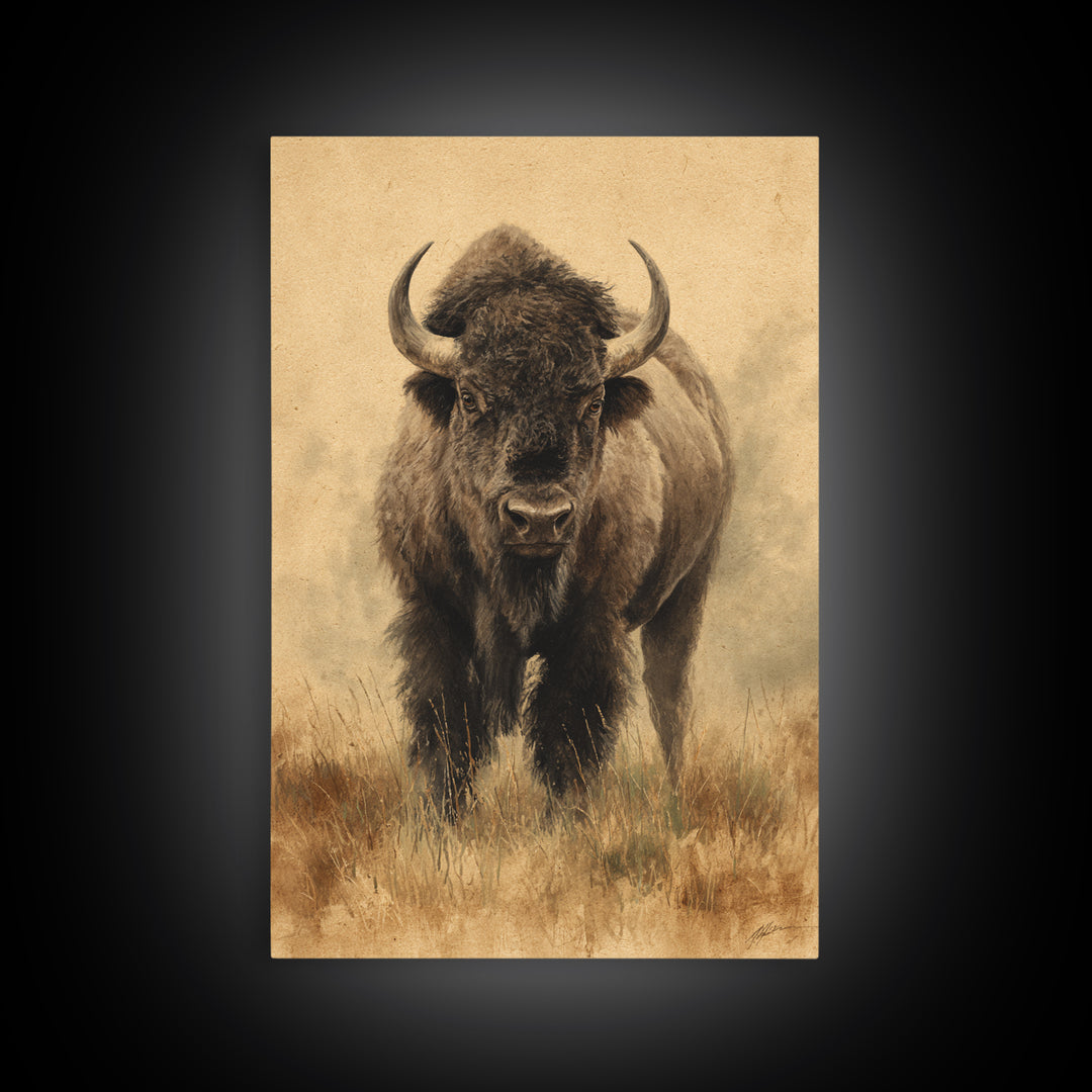Bison on Wide Western Prairie Canvas Print, Wildlife Art, Wall Hangings, Living Room Decor, Fine Art, Wild, Bird Art, WIL-2x3-45
