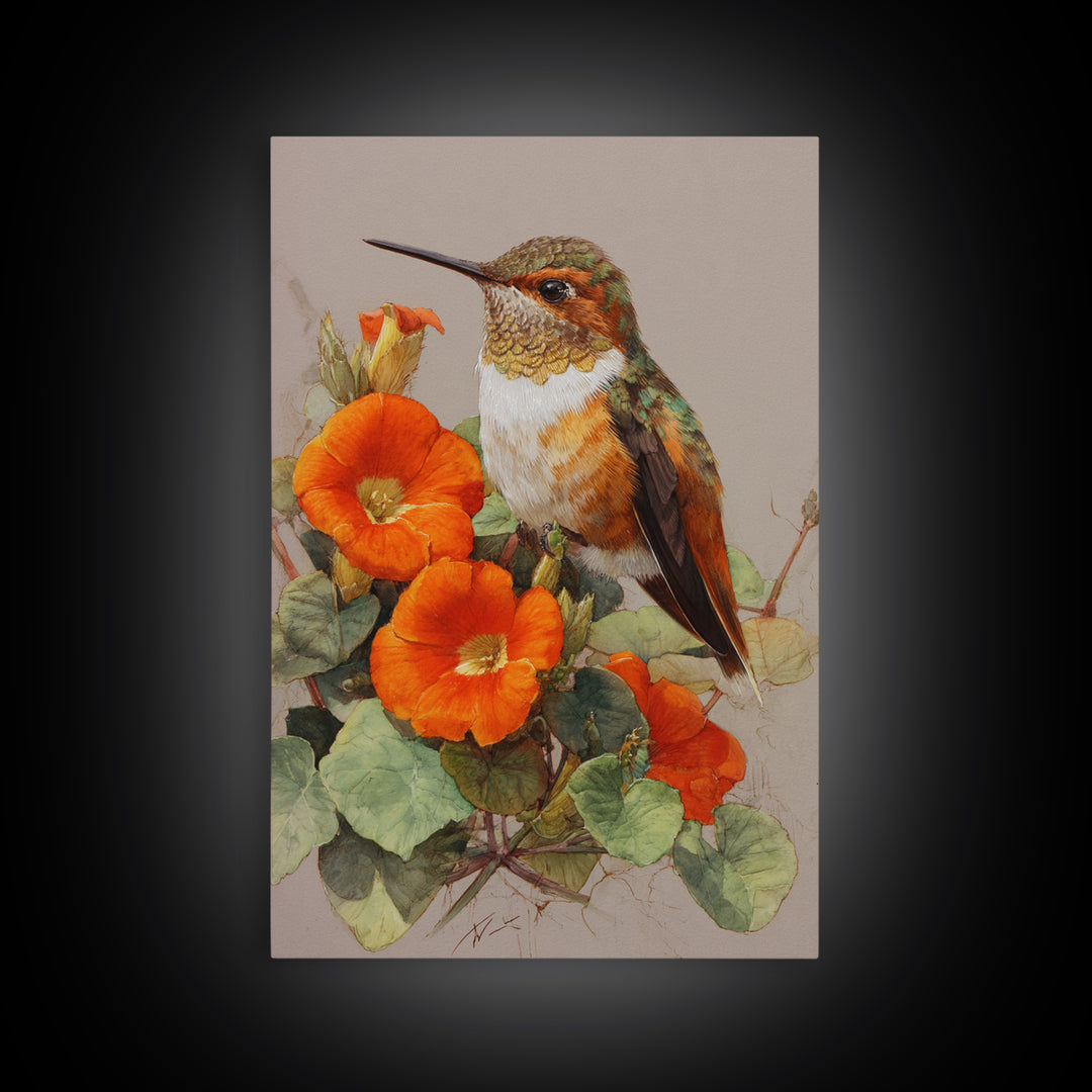 Hummingbird Beside Bright Flowers Framed Canvas Print, Wildlife Art, Boho Decor, Living Room Decor, Fine Art, Wild, Painting, WIL-2x3-48