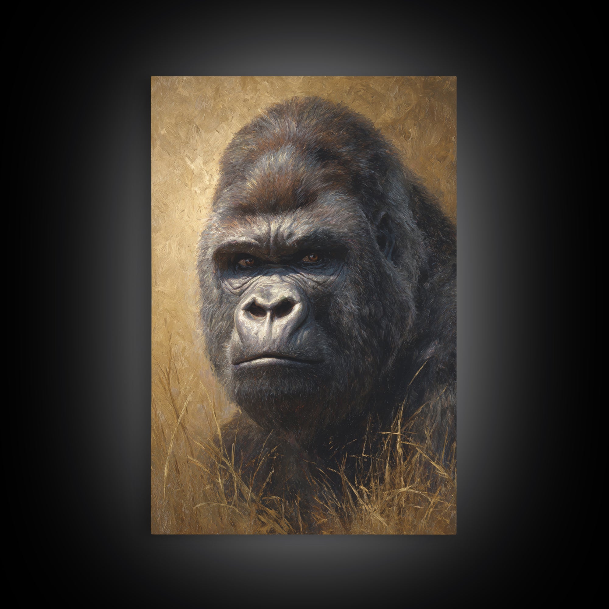 Gorilla Portrait with Powerful Gaze Canvas Print, Wildlife Art, Oil Painting, Living Room Decor, Wild, Bedroom Wall Art, WIL-2x3-49