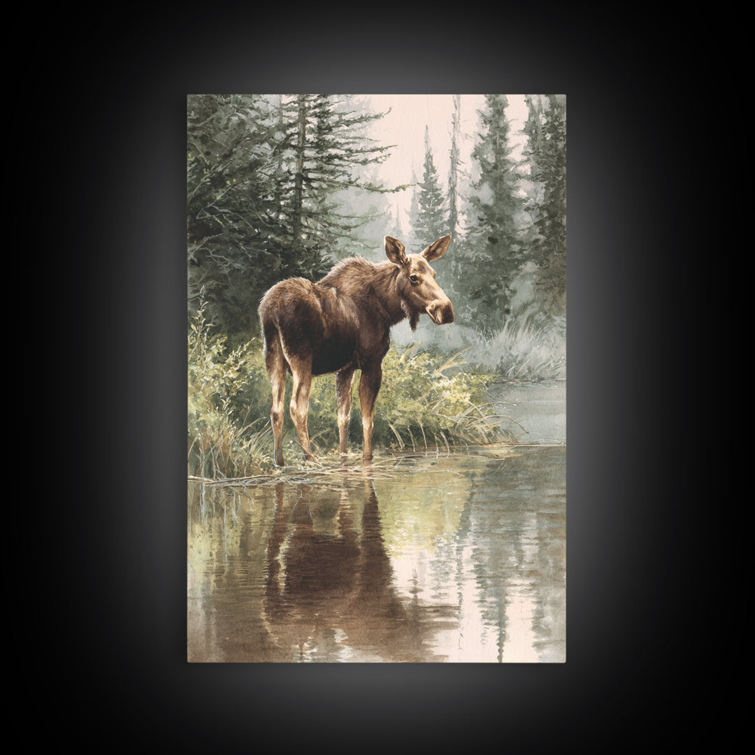 Moose Standing in Reflective Lake Framed Canvas Print, Wildlife Art, Room Decor, Living Room Decor, Fine Art, Wild, WIL-2x3-51