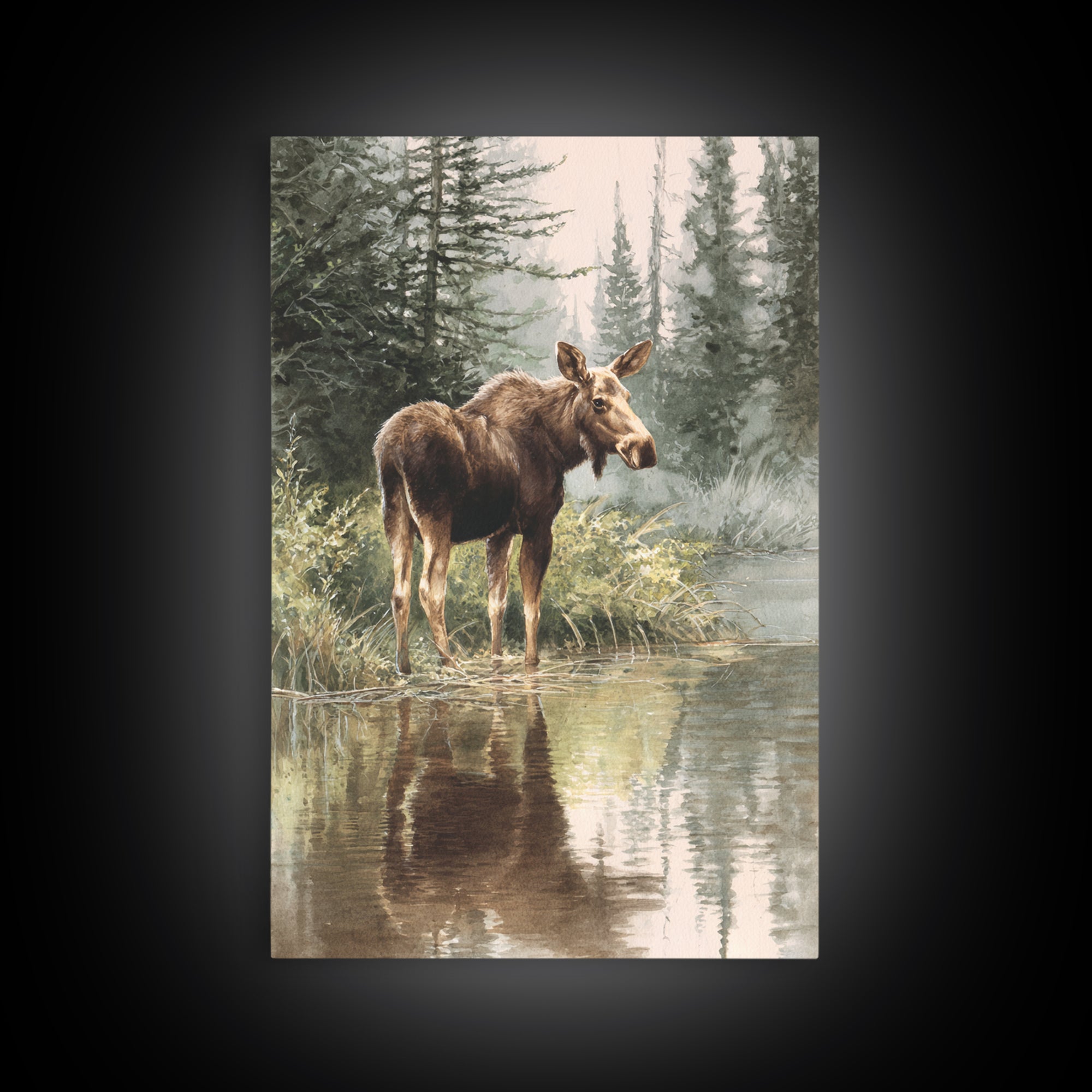 Moose Standing in Reflective Lake Framed Canvas Print, Wildlife Art, Room Decor, Living Room Decor, Fine Art, Wild, WIL-2x3-51