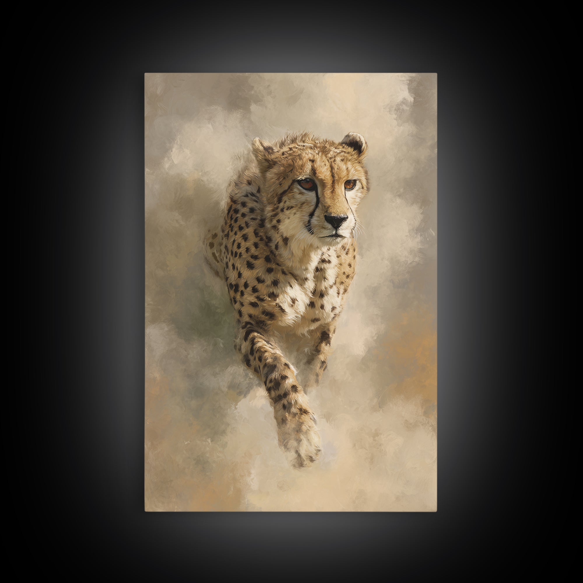 Cheetah Running Through Warm Dust Framed Canvas Print, Wildlife Art, Digital Wall Art, Living Room Decor, Oil Painting, Wild, WIL-2x3-53