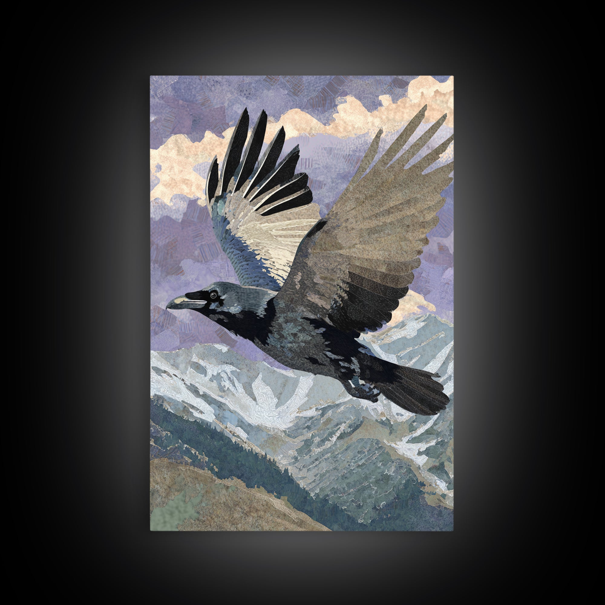 Raven Flying Through Snowy Mountains Framed Canvas Print, Wildlife Art, Neutral Decor, Living Room Decor, Fine Art, Wild, WIL-2x3-56
