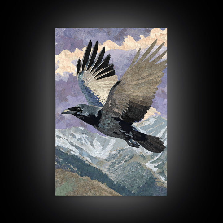 Raven Flying Through Snowy Mountains Framed Canvas Print, Wildlife Art, Neutral Decor, Living Room Decor, Fine Art, Wild, WIL-2x3-56