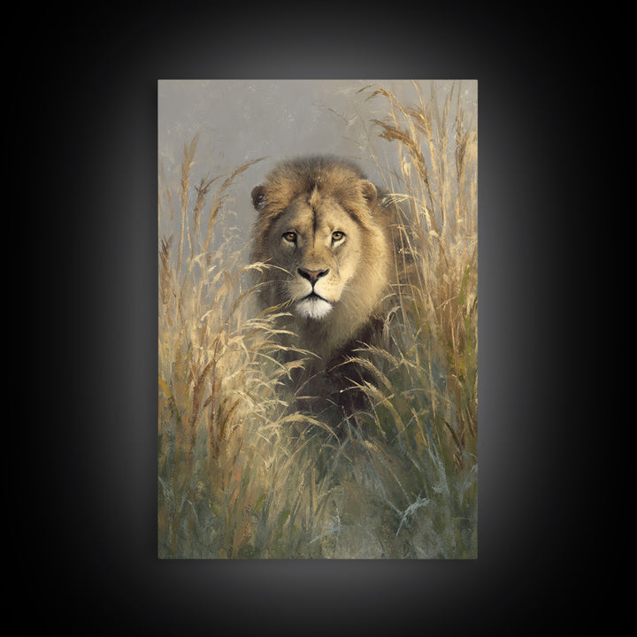 Lion Emerging from Golden Savanna Grass Canvas Print, Wildlife Art, Boho Wall Decor, Living Room Decor, Oil Painting, Wild, WIL-2x3-57