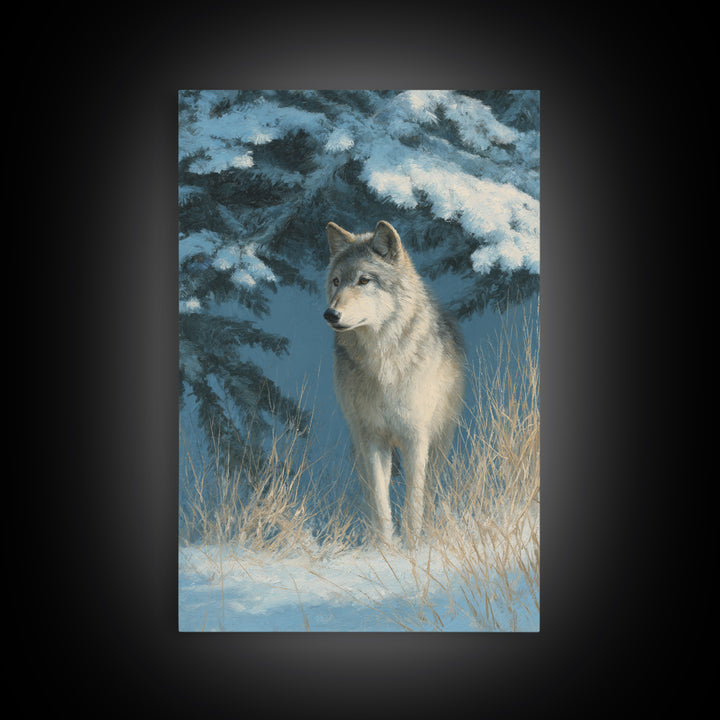 Wolf Standing Beneath Snowy Pine Trees Framed Canvas Print, Wildlife Art, Wall Decor, Living Room Decor, Oil Painting, Wild, WIL-2x3-59