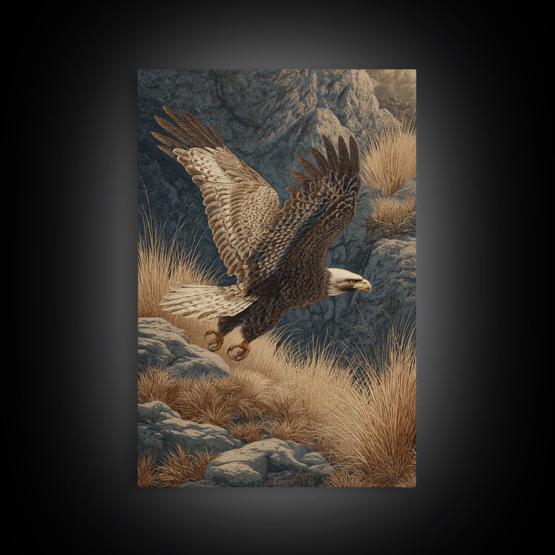 Eagle Soaring Above Rocky Cliffs Canvas Print, Wildlife Art, Oil Painting, Living Room Decor, Abstract Art, Wild, WIL-2x3-62