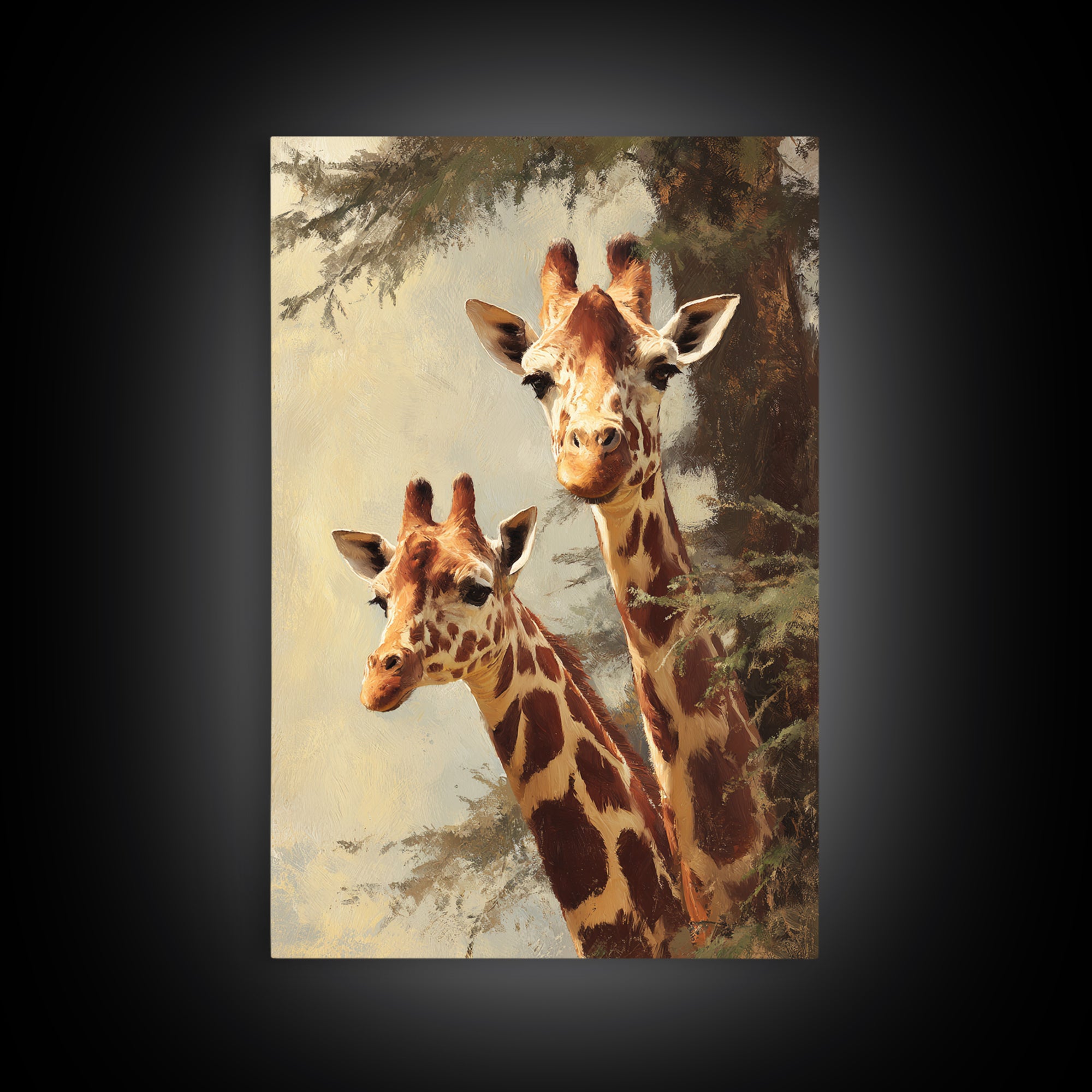 Giraffe Pair under Acacia Tree Framed Canvas Print, Wildlife Art, Painting, Living Room Decor, Watercolor Art, Wild, Bird Art, WIL-2x3-63