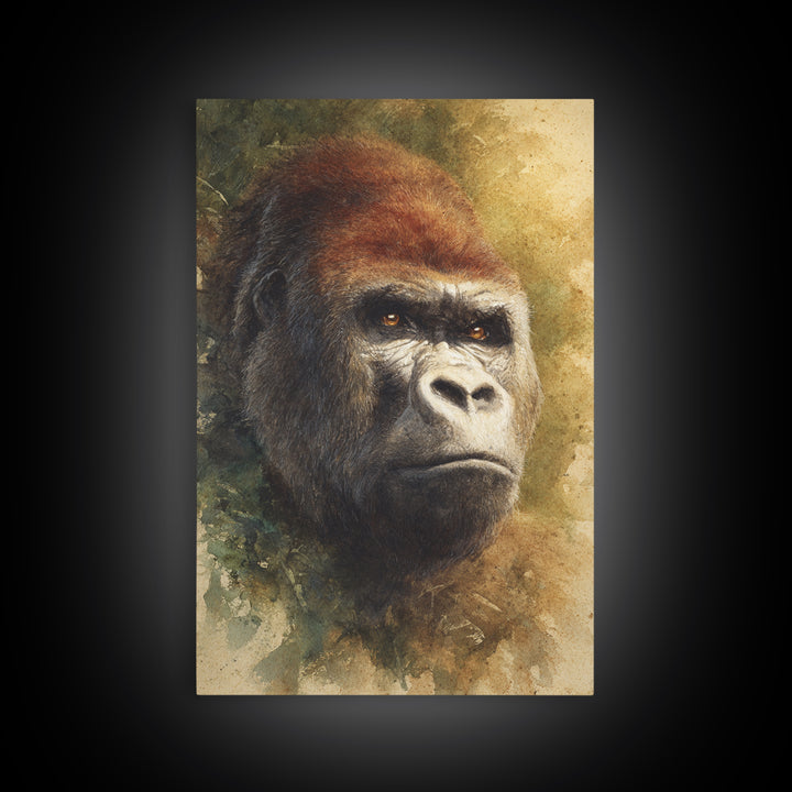 Gorilla Portrait with Powerful Gaze Framed Canvas Print, Wildlife Art, Wall Art Print, Living Room Decor, Oil Painting, Wild, WIL-2x3-73