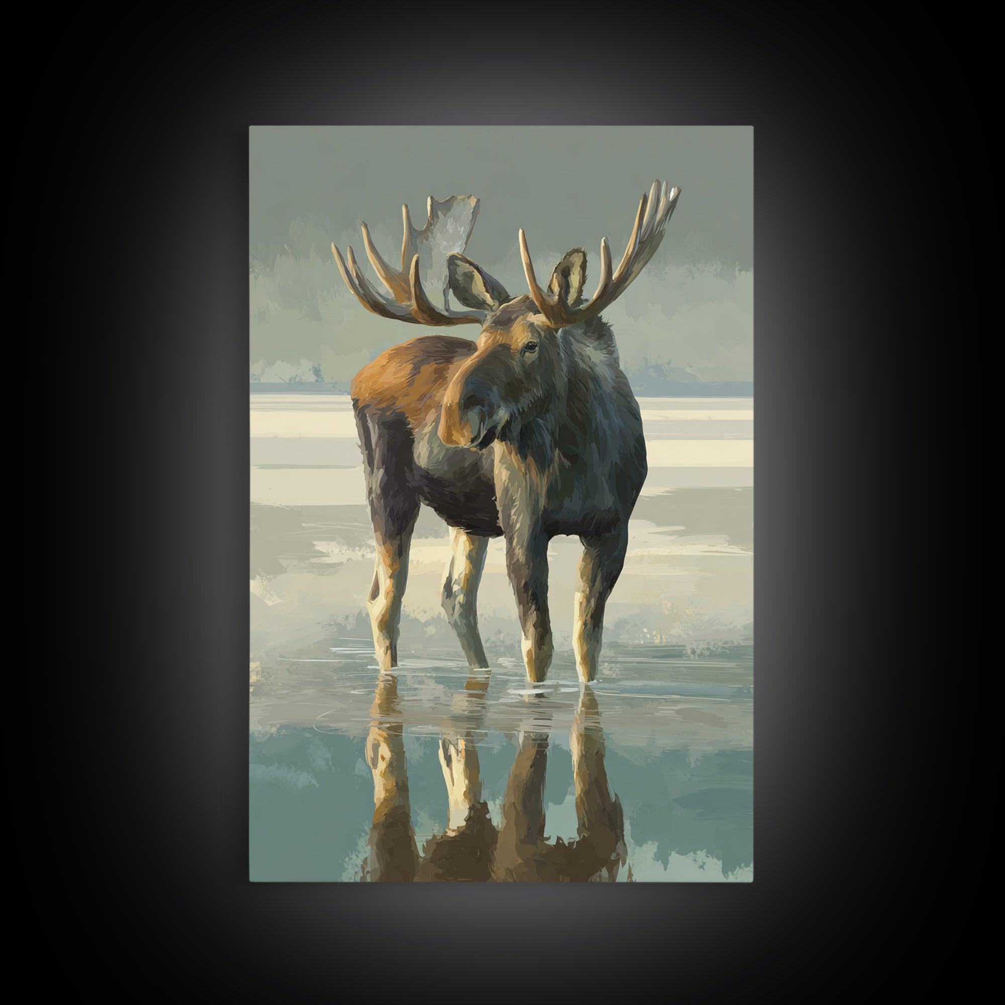 Moose Standing in Reflective Lake Framed Canvas Print, Wildlife Art, Digital Wall Art, Living Room Decor, Fine Art, Wild, WIL-2x3-75