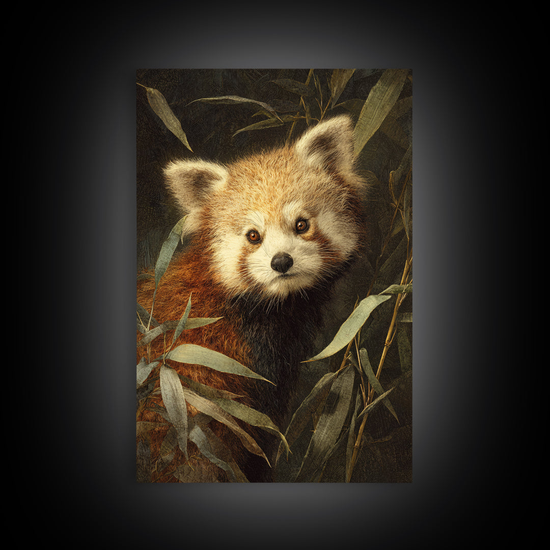 Red Panda Among Bamboo Leaves Framed Canvas Print, Wildlife Art, Canvas Print, Living Room Decor, Wild, Forest Wall Art, WIL-2x3-76