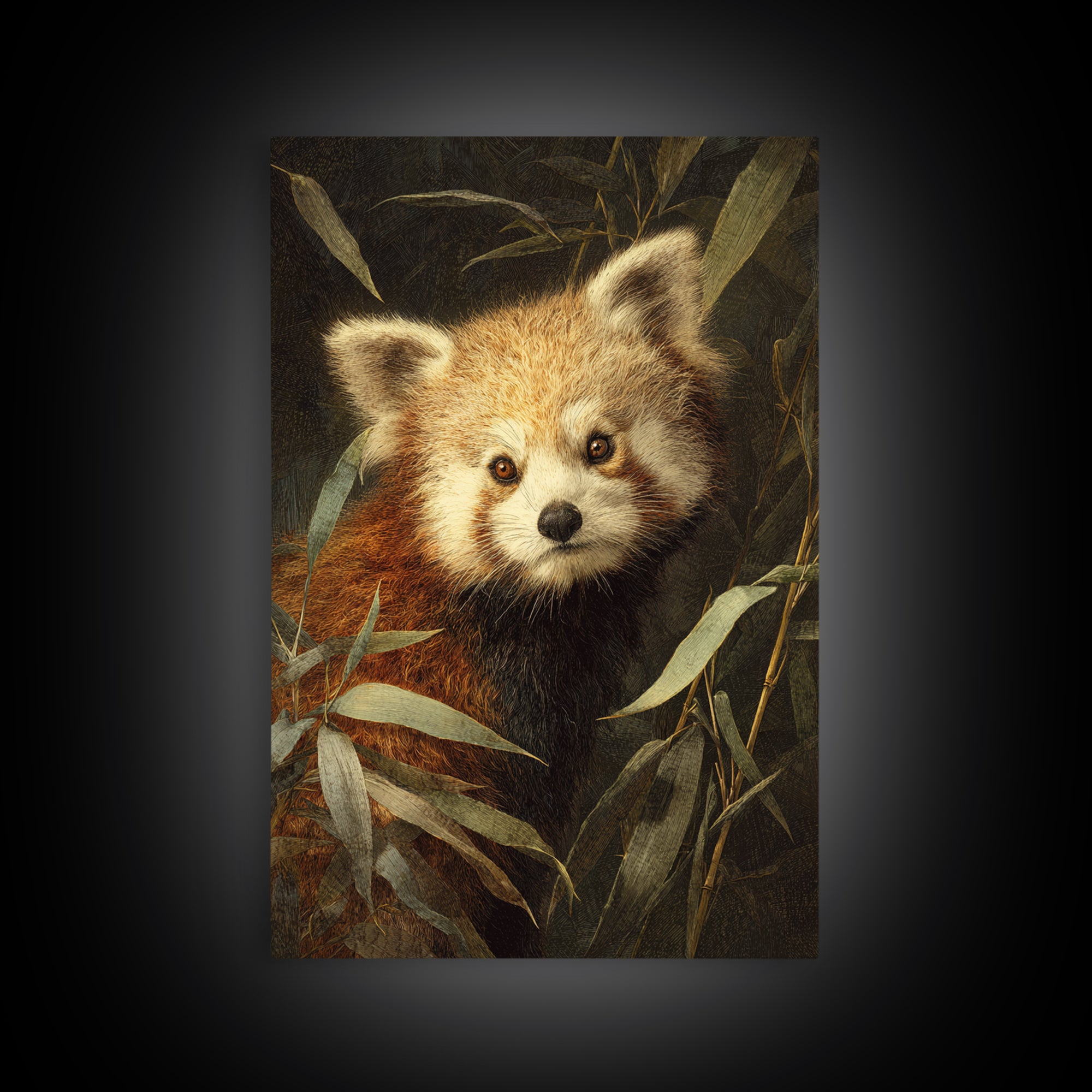 Red Panda Among Bamboo Leaves Framed Canvas Print, Wildlife Art, Canvas Print, Living Room Decor, Wild, Forest Wall Art, WIL-2x3-76
