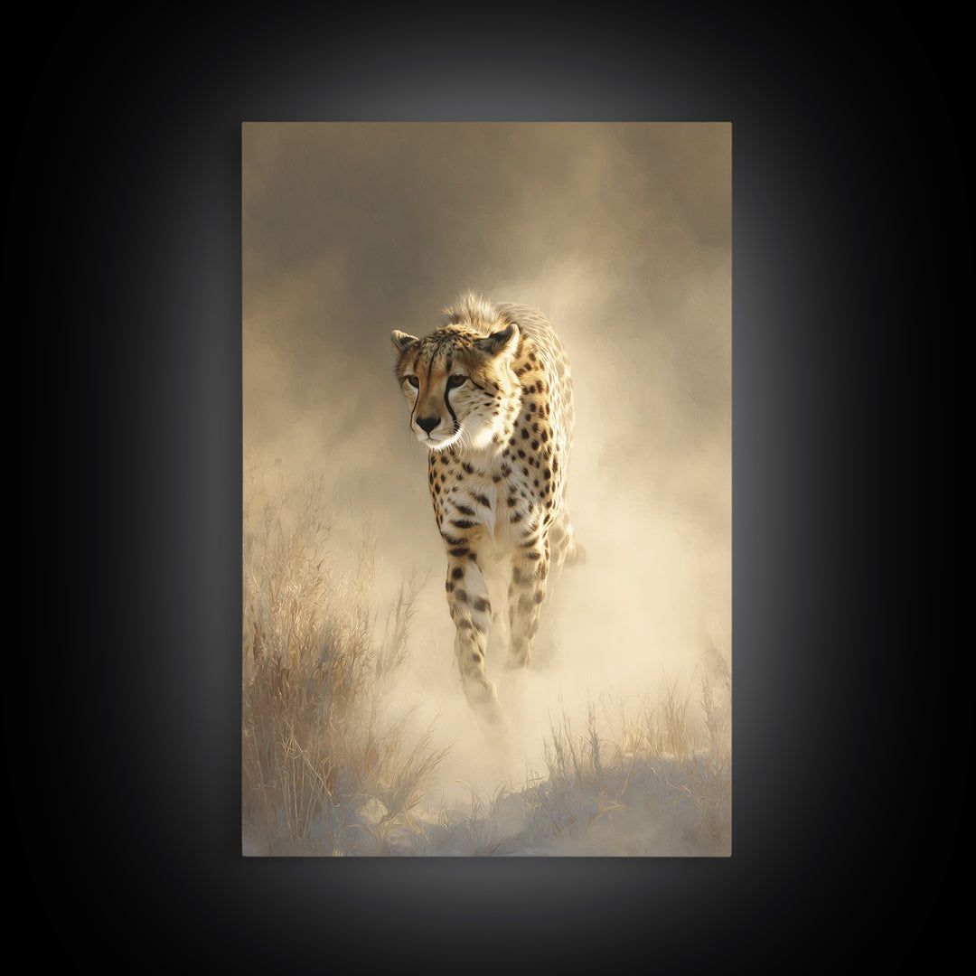 Cheetah Running Through Warm Dust Canvas Print, Wildlife Art, Modern Wall Art, Living Room Decor, Fine Art, Wild, Bird Wall Art, WIL-2x3-77