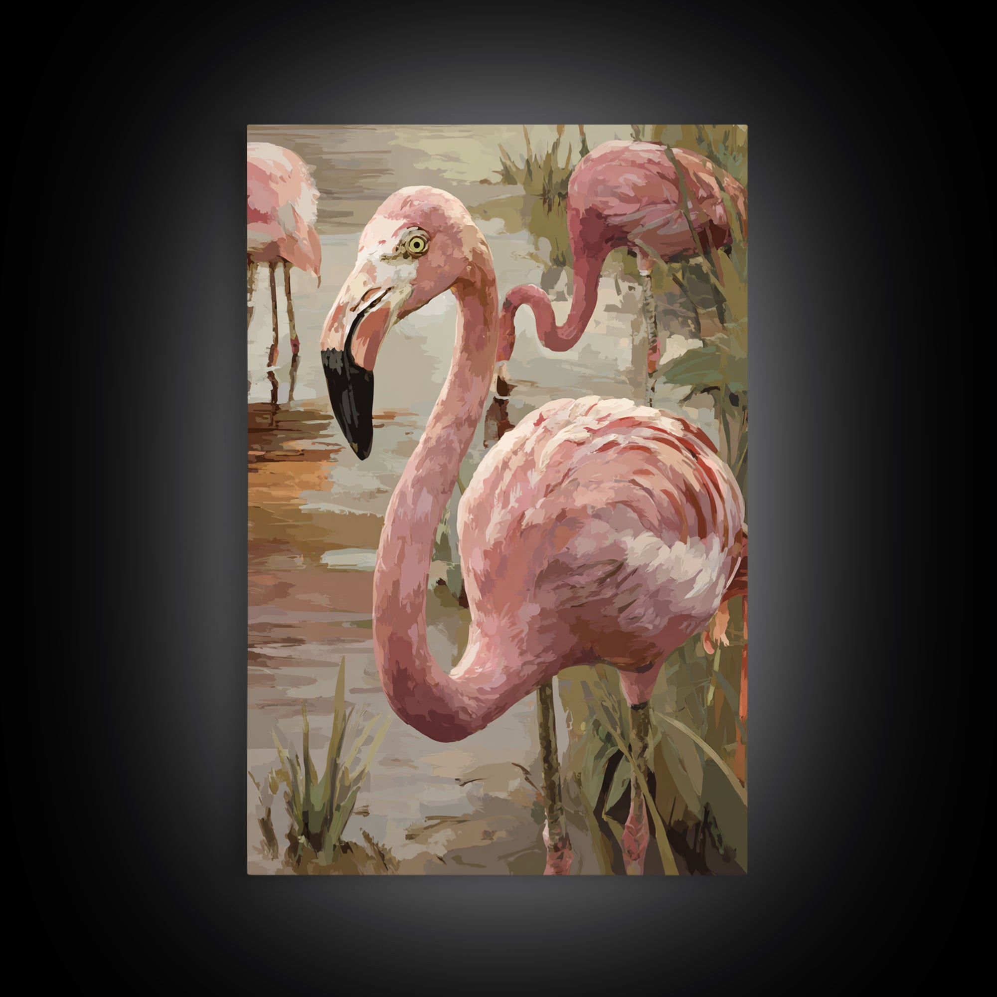 Flamingos in Pink Shallow Water Framed Canvas Print, Wildlife Art, Painting, Living Room Decor, Wild, Living Room Wall Art, WIL-2x3-78