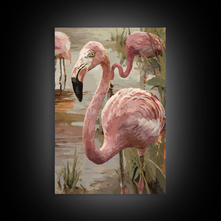 Flamingos in Pink Shallow Water Framed Canvas Print, Wildlife Art, Painting, Living Room Decor, Wild, Living Room Wall Art, WIL-2x3-78
