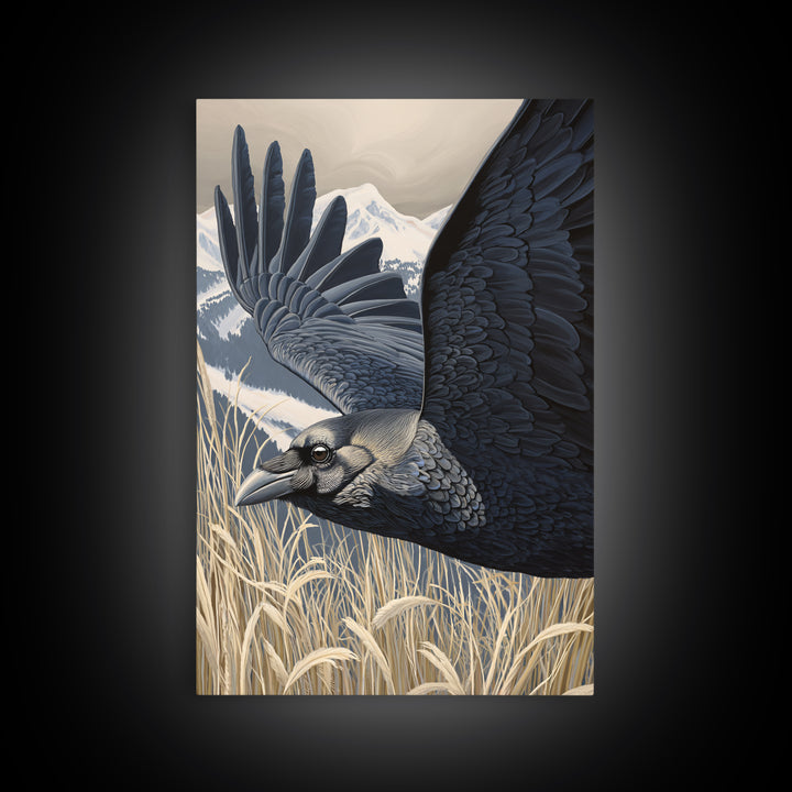 Raven Flying Through Snowy Mountains Framed Canvas Print, Wildlife Art, Landscape Art, Living Room Decor, Fine Art, Wild, WIL-2x3-8