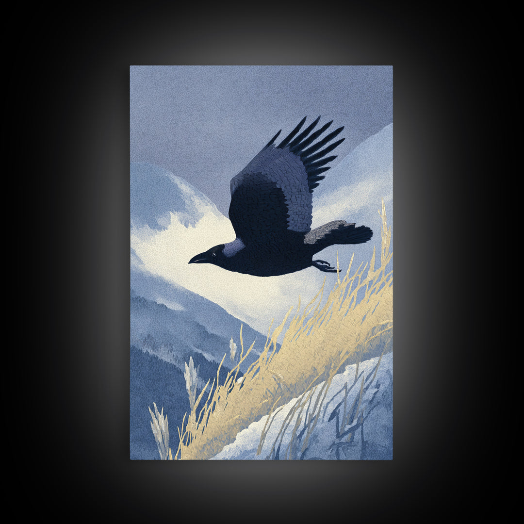 Raven Flying Through Snowy Mountains Framed Canvas Print, Wildlife Art, Contemporary Art, Living Room Decor, Fine Art, Wild, WIL-2x3-80