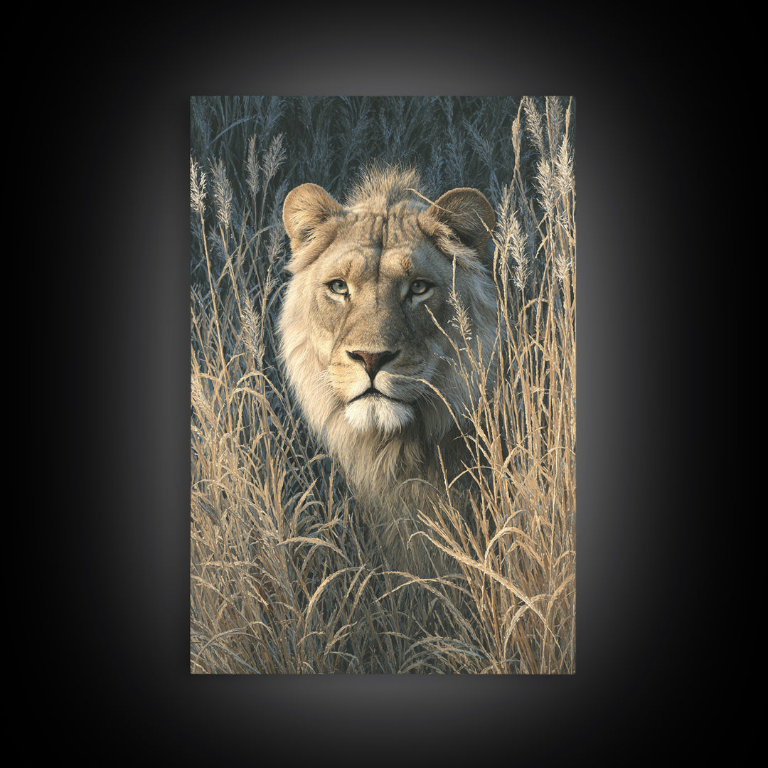 Lion Emerging from Golden Savanna Grass Canvas Print, Wildlife Art, Boho Wall Decor, Living Room Decor, Oil Painting, Wild, WIL-2x3-81