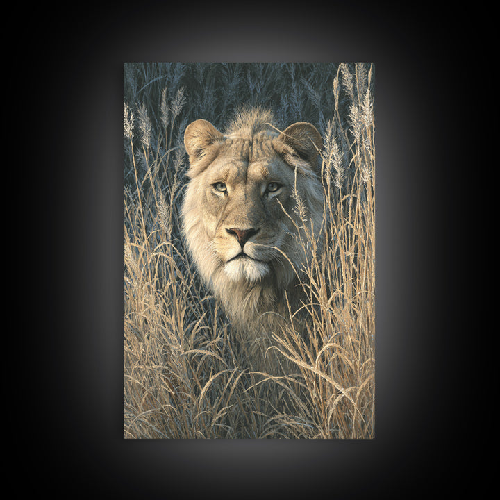 Lion Emerging from Golden Savanna Grass Canvas Print, Wildlife Art, Boho Wall Decor, Living Room Decor, Oil Painting, Wild, WIL-2x3-81