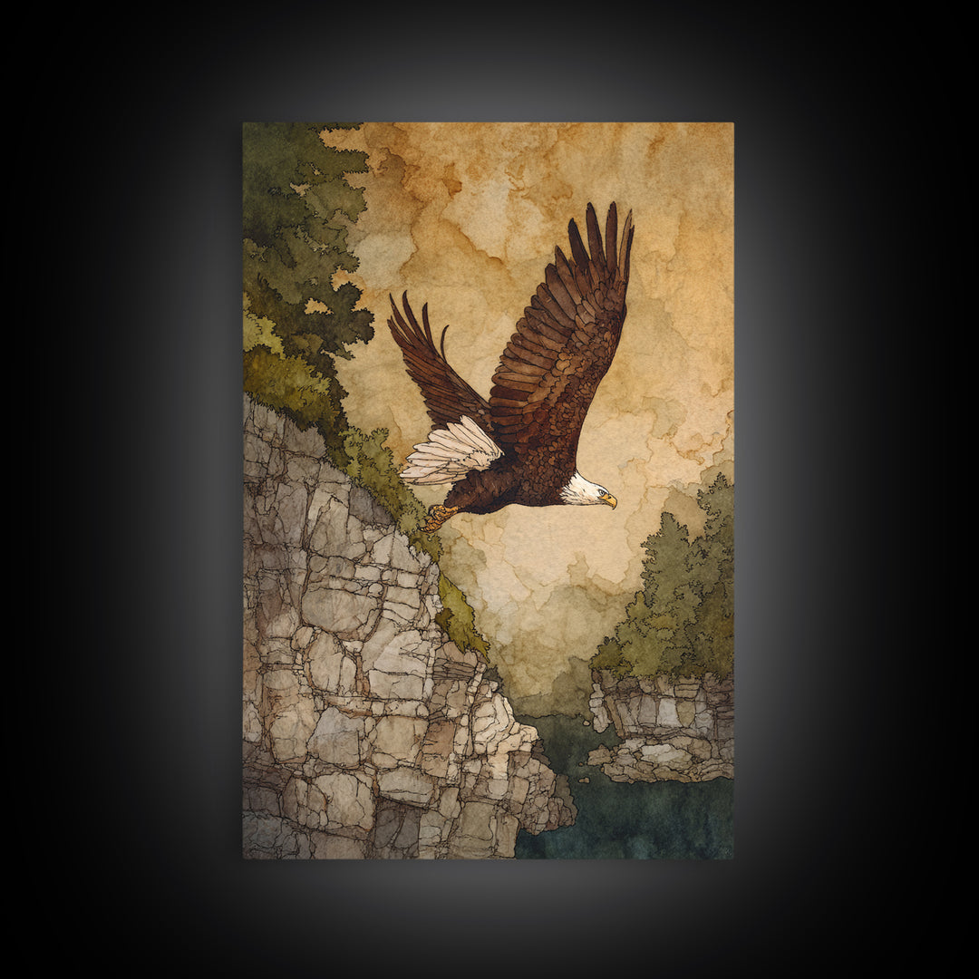 Eagle Soaring Above Rocky Cliffs Canvas Print, Wildlife Art, Oil Painting, Living Room Decor, Abstract Art, Wild, WIL-2x3-86