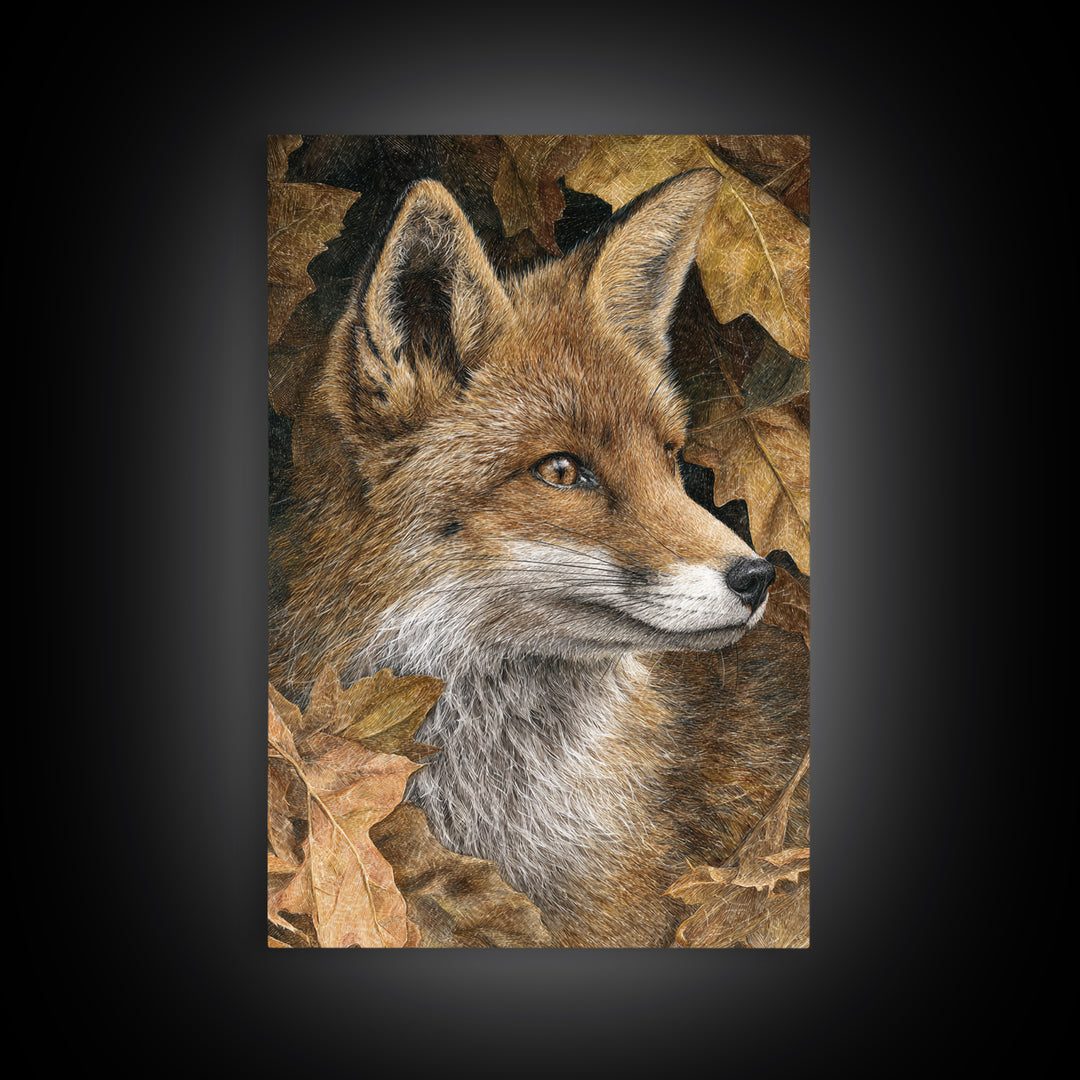 Fox in Autumn Forest Leaves Framed Canvas Print, Wildlife Art, Canvas Print, Living Room Decor, Fine Art, Wild, Forest Wall Art, WIL-2x3-89