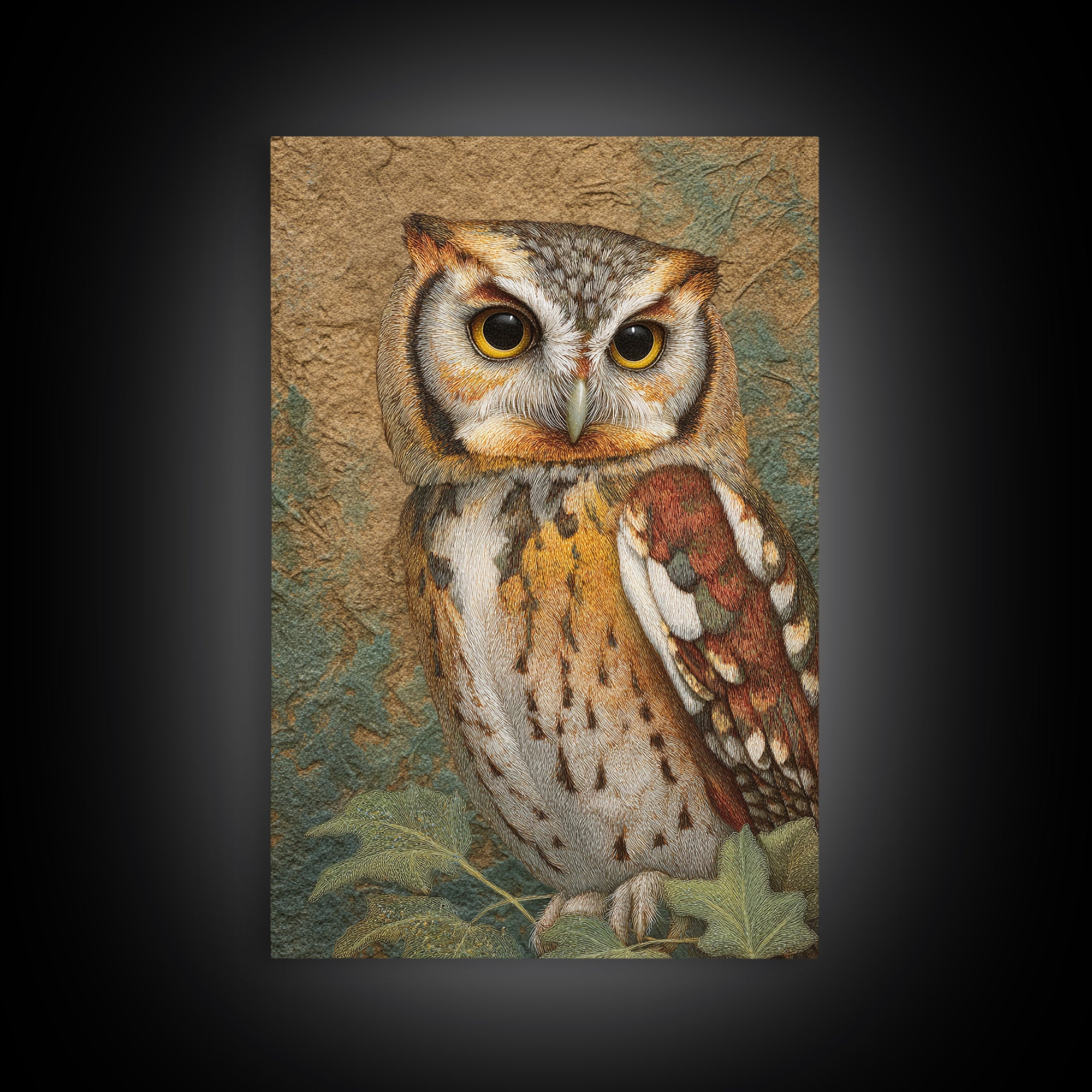 Owl Perched in Moonlit Woodland Framed Canvas Print, Wildlife Art, Gallery Decor, Living Room Decor, Abstract Art, Wild, WIL-2x3-92