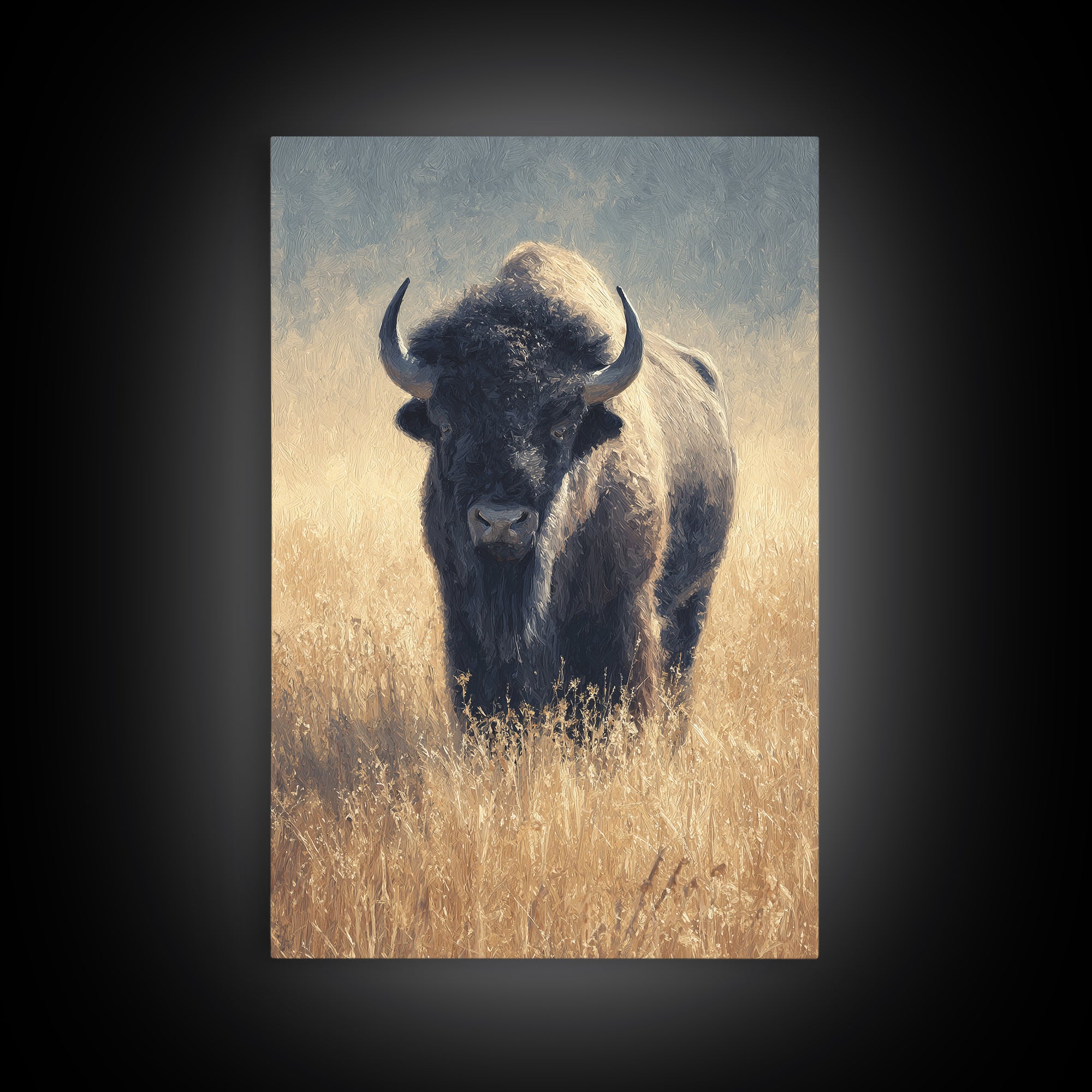 Bison on Wide Western Prairie Framed Canvas Print, Wildlife Art, Living Room Decor, Wild, Living Room Art, Canvas Painting, WIL-2x3-93