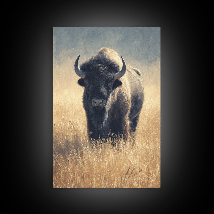 Bison on Wide Western Prairie Framed Canvas Print, Wildlife Art, Living Room Decor, Wild, Living Room Art, Canvas Painting, WIL-2x3-93