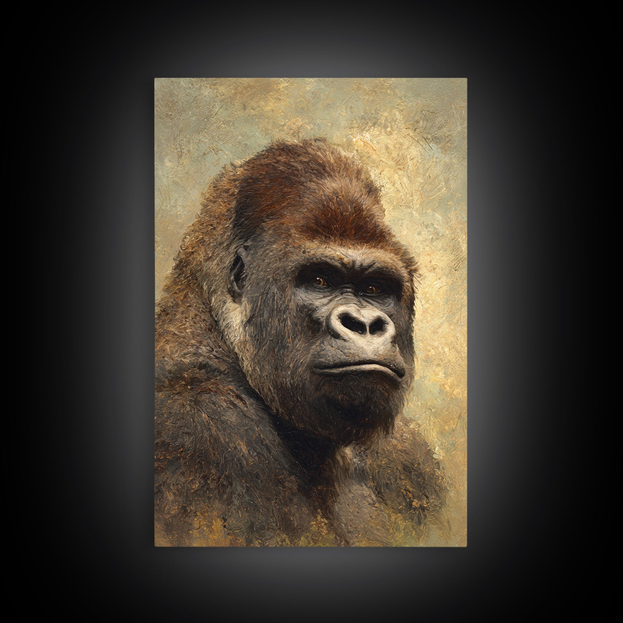Gorilla Portrait with Powerful Gaze Framed Canvas Print, Wildlife Art, Wall Art Print, Living Room Decor, Oil Painting, Wild, WIL-2x3-97