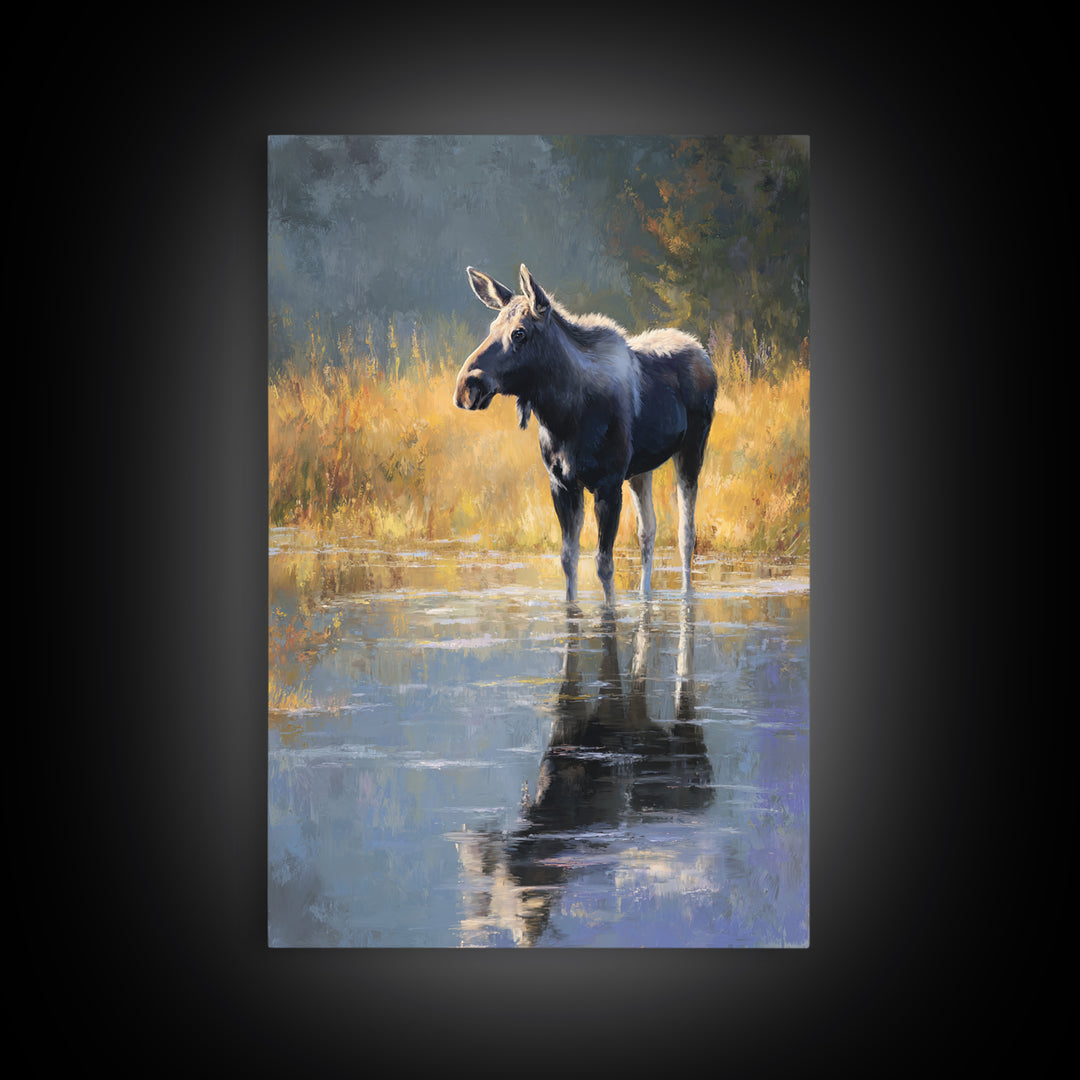 Moose Standing in Reflective Lake Canvas Print, Wildlife Art, Modern Wall Art, Living Room Decor, Fine Art, Wild, Bird Wall Art, WIL-2x3-99