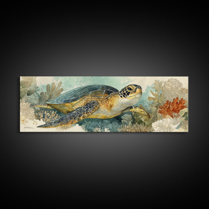 Sea Turtle over Coral Reef Framed Canvas Print, Wildlife Art, Home Decor, Living Room Decor, Fine Art, Wild, Boho Wall Decor, WIL-3x1-10