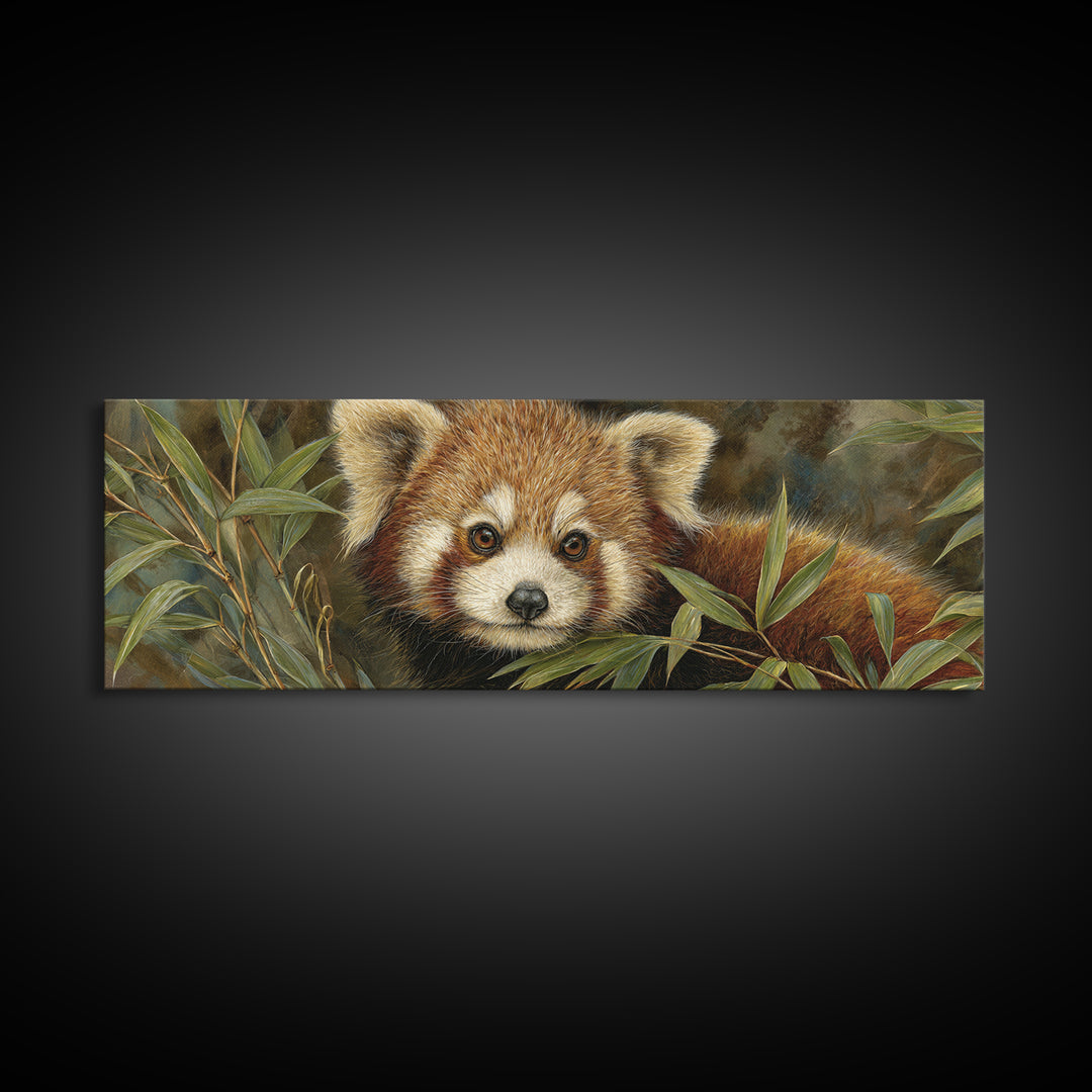 Red Panda Among Bamboo Leaves Framed Canvas Print, Wildlife Art, Canvas Painting, Living Room Decor, Wild, Luxury Decor, WIL-3x1-12