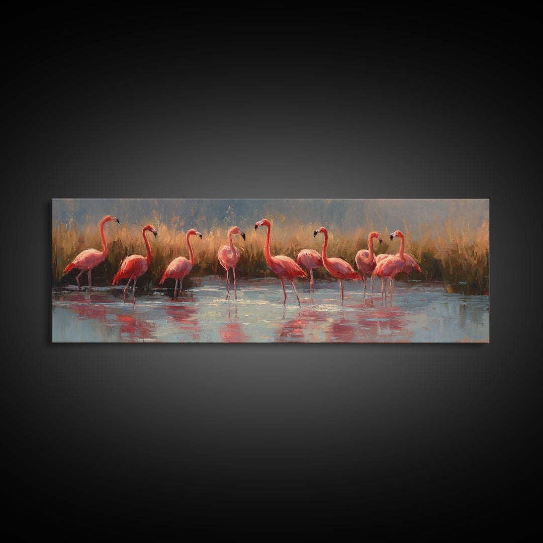 Flamingos in Pink Shallow Water Canvas Print, Wildlife Art, Unique Home Decor, Living Room Decor, Fine Art, Wild, WIL-3x1-14