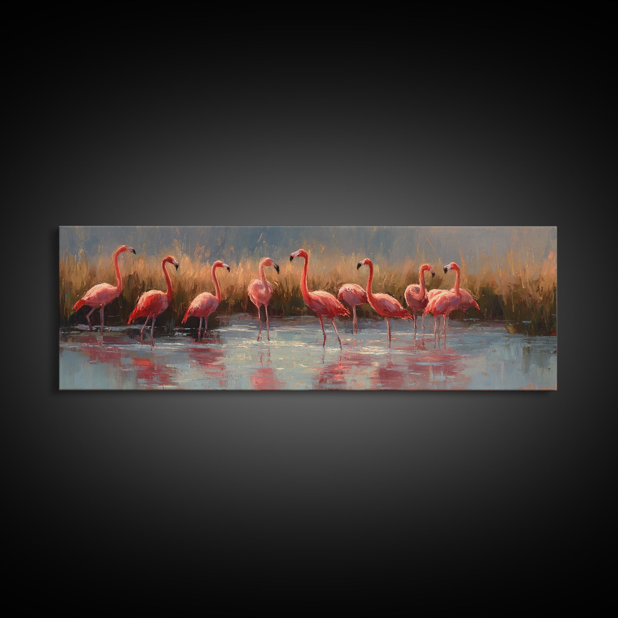 Flamingos in Pink Shallow Water Canvas Print, Wildlife Art, Unique Home Decor, Living Room Decor, Fine Art, Wild, WIL-3x1-14