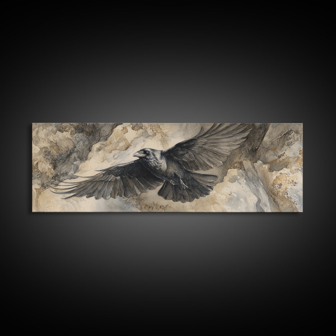 Raven Flying Through Snowy Mountains Canvas Print, Wildlife Art, Modern Art, Living Room Decor, Watercolor Art, Wild, WIL-3x1-16