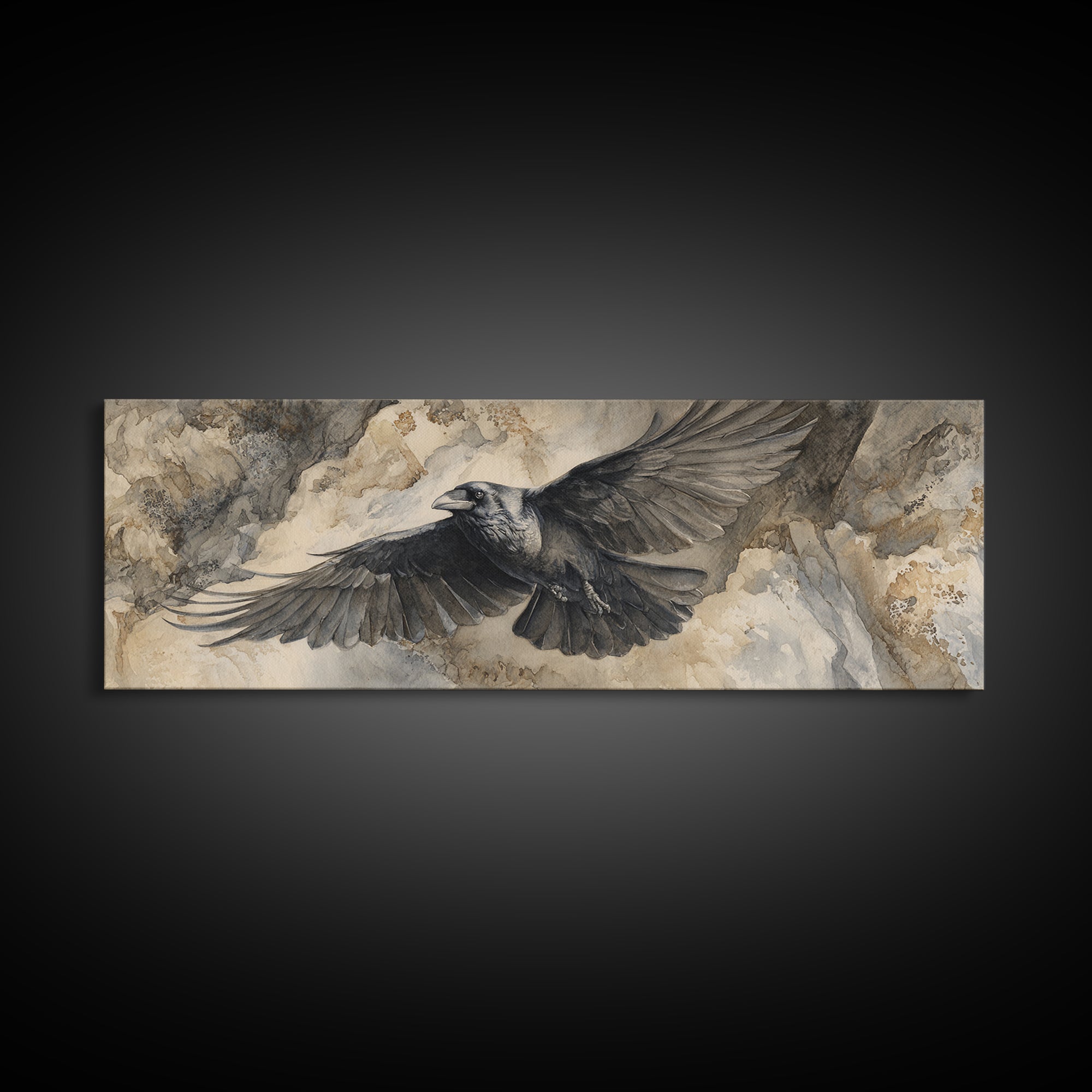 Raven Flying Through Snowy Mountains Canvas Print, Wildlife Art, Modern Art, Living Room Decor, Watercolor Art, Wild, WIL-3x1-16