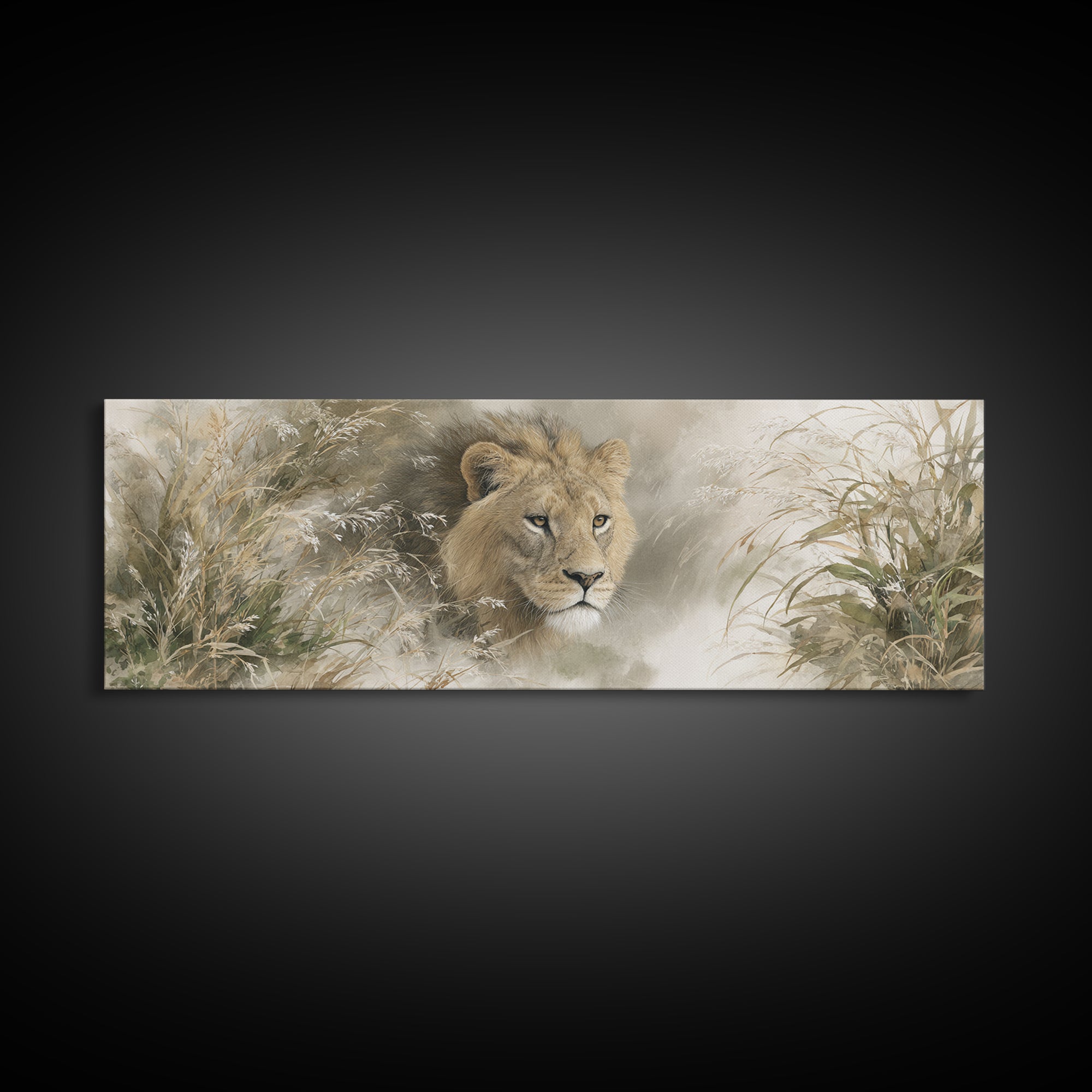 Lion Emerging from Golden Savanna Grass Framed Canvas Print, Wildlife Art, Bird Art, Living Room Decor, Fine Art, Wild, WIL-3x1-17
