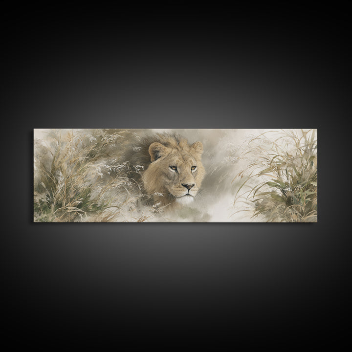 Lion Emerging from Golden Savanna Grass Framed Canvas Print, Wildlife Art, Bird Art, Living Room Decor, Fine Art, Wild, WIL-3x1-17