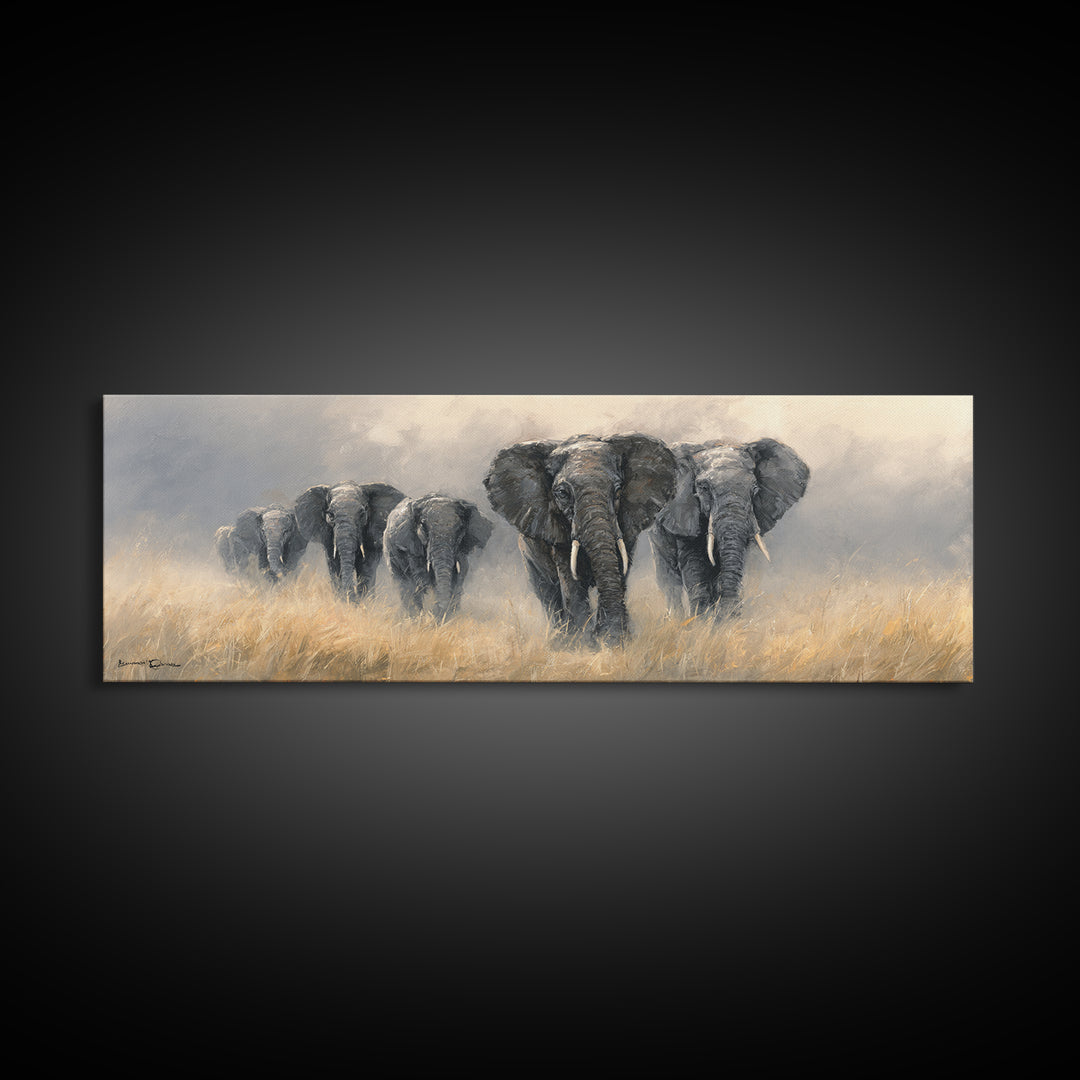 Elephant Herd Walking Through Dusty Sunset Framed Canvas Print, Wildlife Art, Original Art, Living Room Decor, Fine Art, Wild, WIL-3x1-18