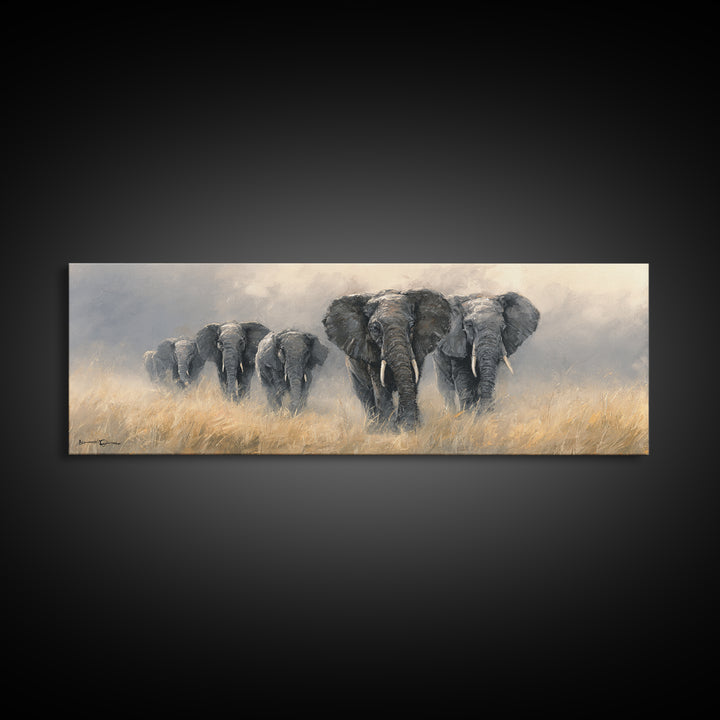Elephant Herd Walking Through Dusty Sunset Framed Canvas Print, Wildlife Art, Original Art, Living Room Decor, Fine Art, Wild, WIL-3x1-18