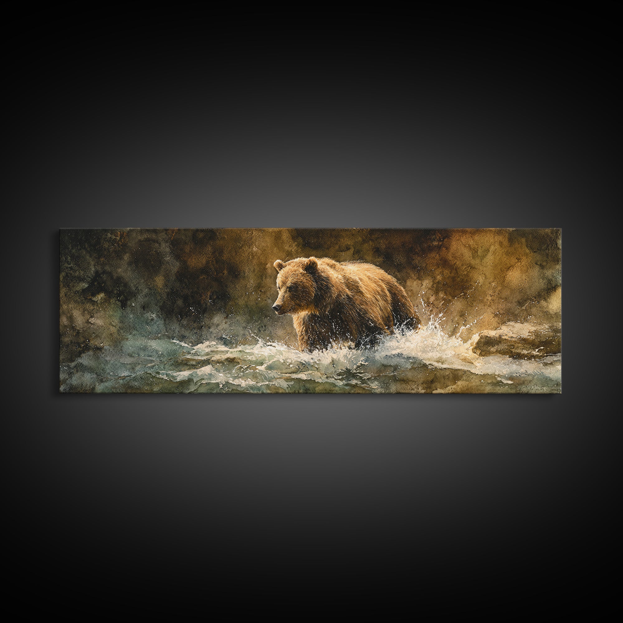 Bear Fishing in Rushing Mountain River Canvas Print, Wildlife Art, Nature Wall Art, Living Room Decor, Oil Painting, Wild, WIL-3x1-20