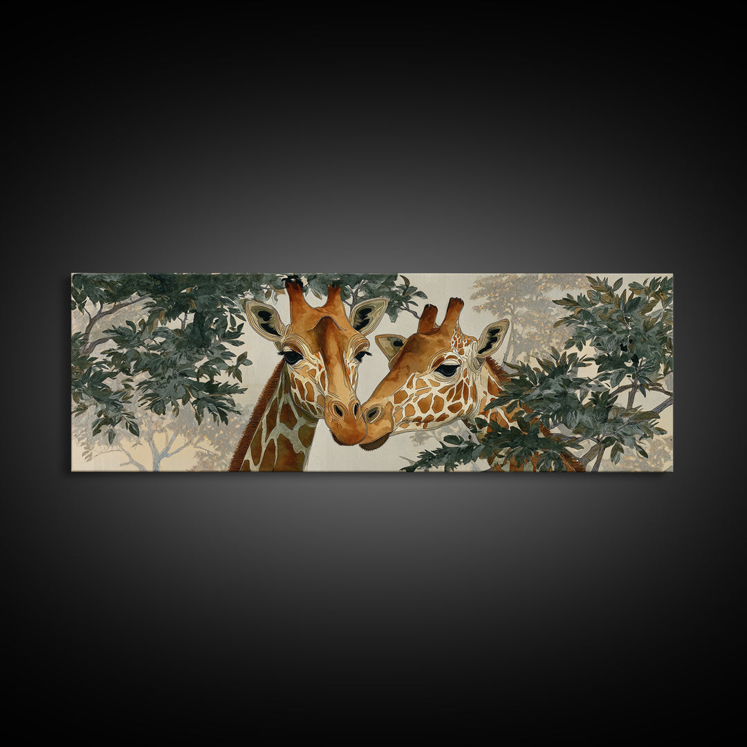 Giraffe Pair under Acacia Tree Framed Canvas Print, Wildlife Art, Boho Decor, Living Room Decor, Fine Art, Wild, Painting, WIL-3x1-23