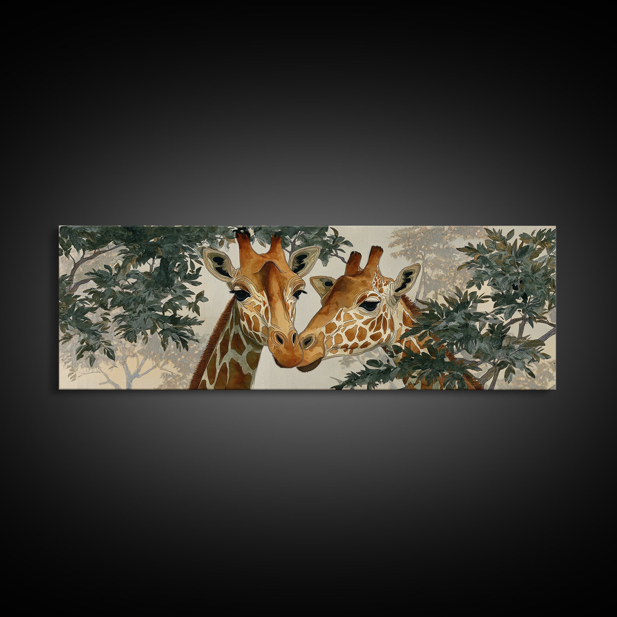 Giraffe Pair under Acacia Tree Framed Canvas Print, Wildlife Art, Boho Decor, Living Room Decor, Fine Art, Wild, Painting, WIL-3x1-23
