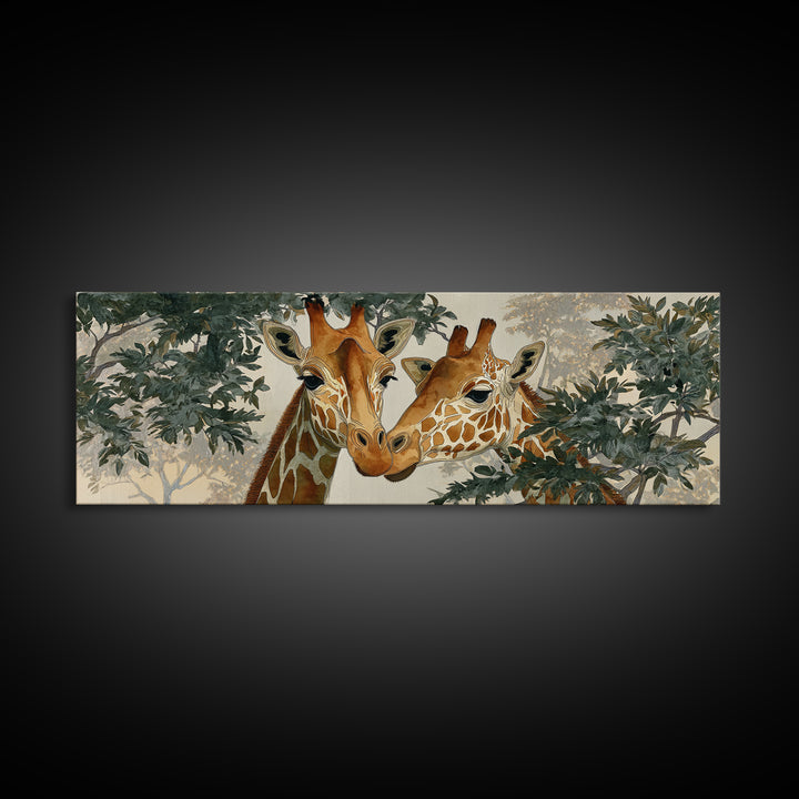 Giraffe Pair under Acacia Tree Framed Canvas Print, Wildlife Art, Boho Decor, Living Room Decor, Fine Art, Wild, Painting, WIL-3x1-23