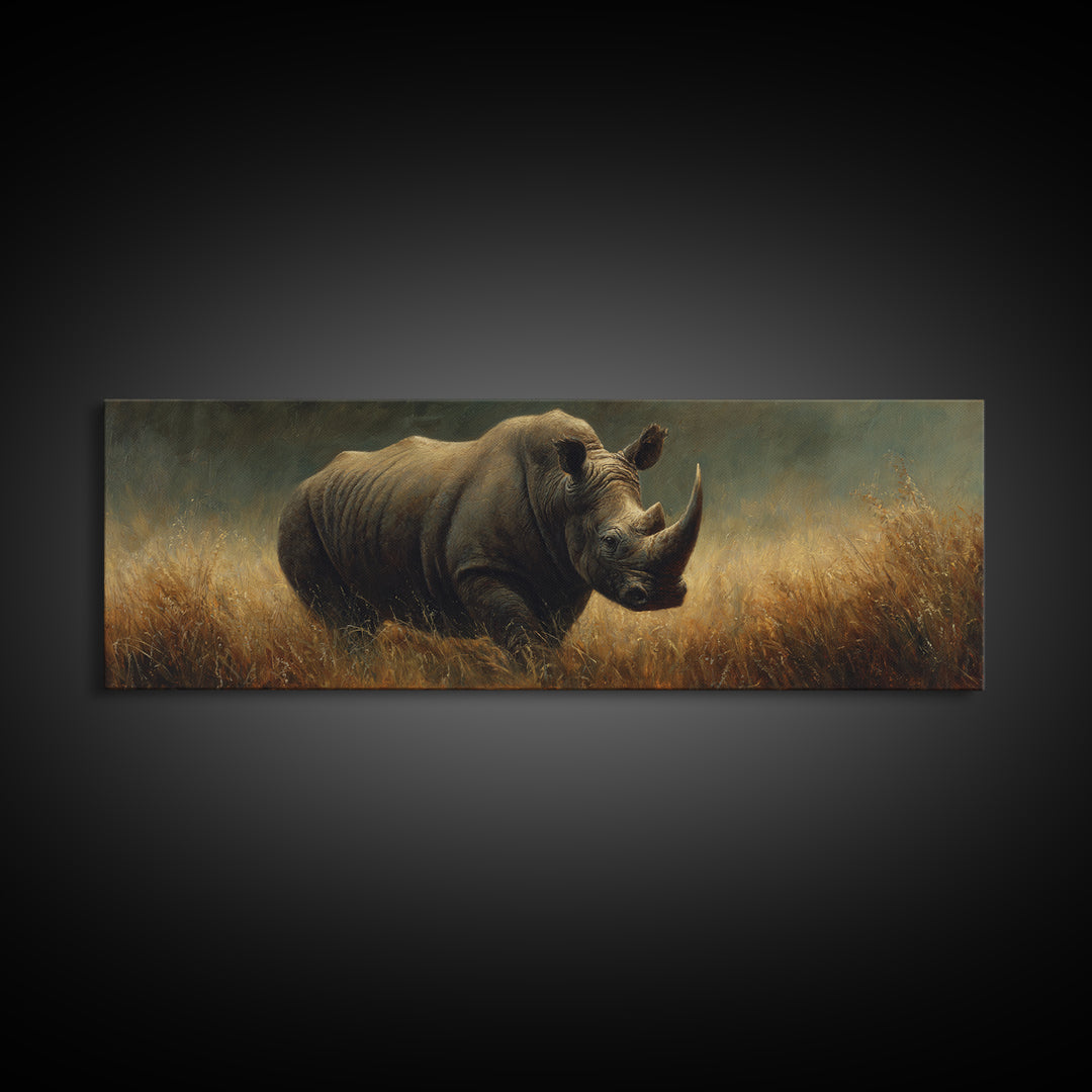 Rhino in Dramatic Stormy Light Canvas Print, Wildlife Art, Rustic Home Decor, Living Room Decor, Fine Art, Wild, WIL-3x1-24