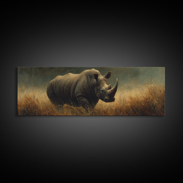 Rhino in Dramatic Stormy Light Canvas Print, Wildlife Art, Rustic Home Decor, Living Room Decor, Fine Art, Wild, WIL-3x1-24