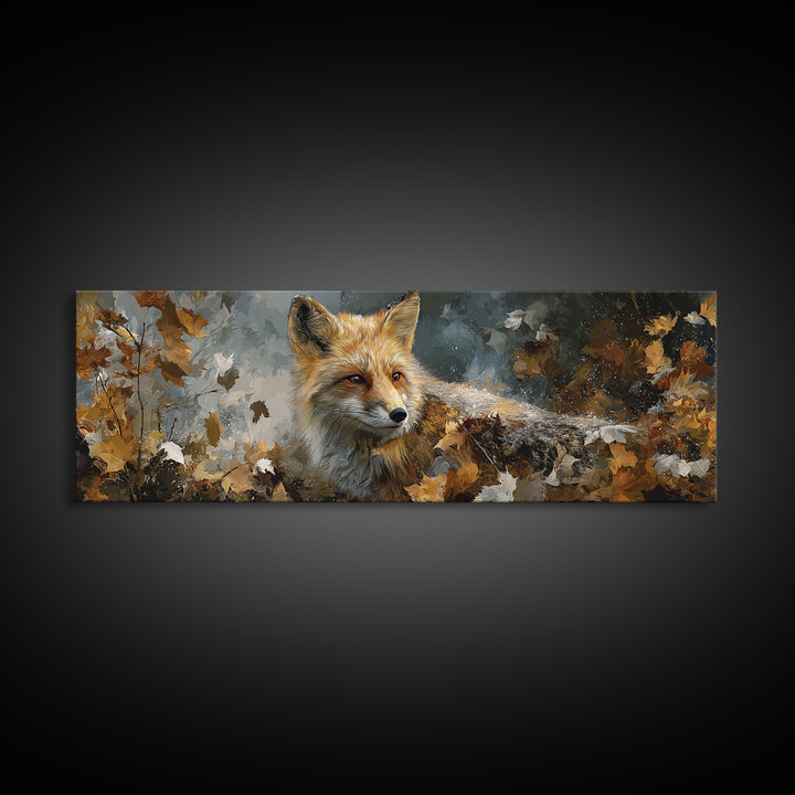 Fox in Autumn Forest Leaves Canvas Print, Wildlife Art, Modern Art, Living Room Decor, Fine Art, Wild, Neutral Decor, WIL-3x1-25