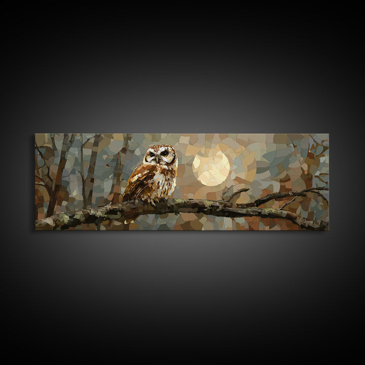 Owl Perched in Moonlit Woodland Framed Canvas Print, Wildlife Art, Forest Wall Art, Living Room Decor, Oil Painting, Wild, WIL-3x1-28